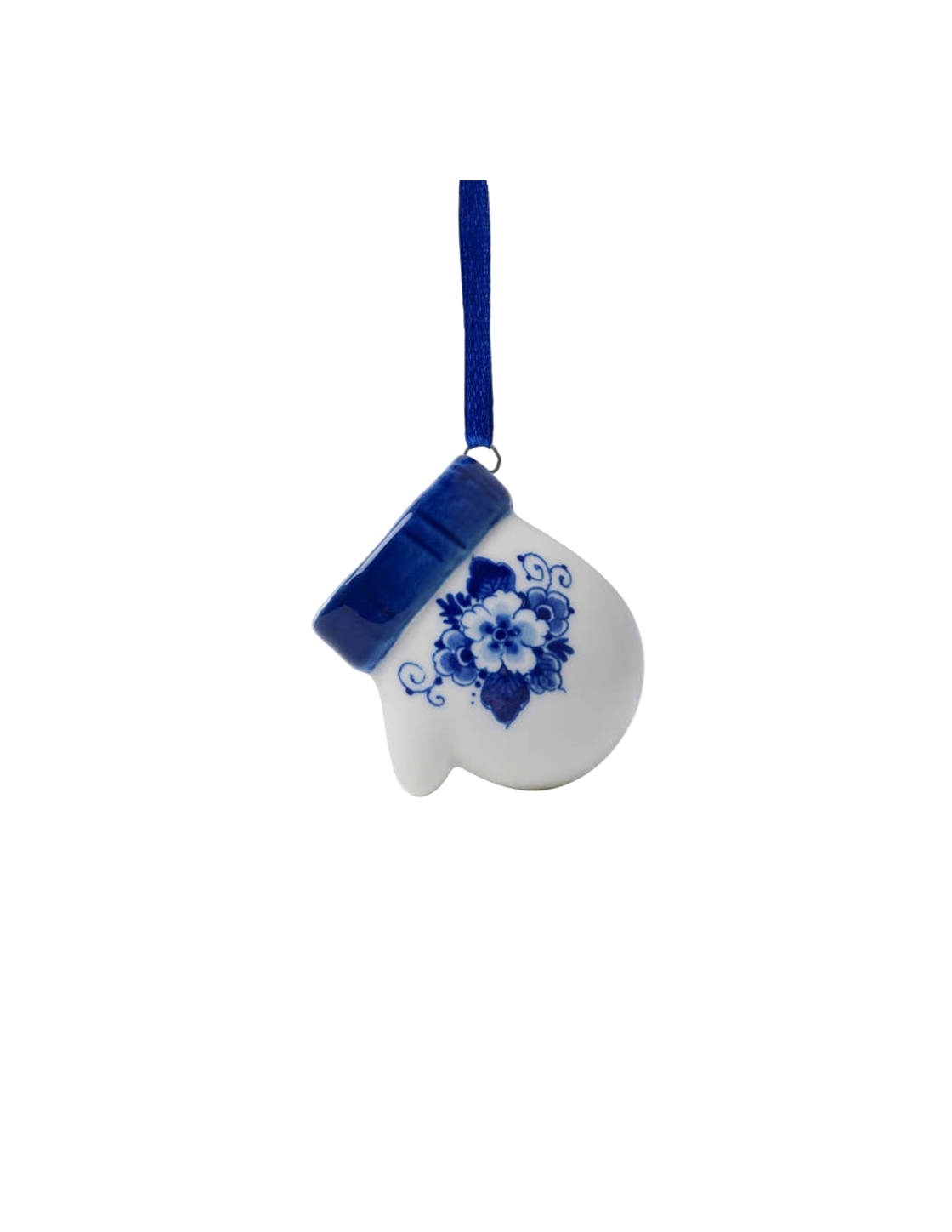 Hand-painted Delft Blue floral porcelain mitten ornament with blue ribbon