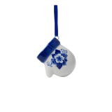 Hand-painted Delft Blue floral porcelain mitten ornament with blue ribbon