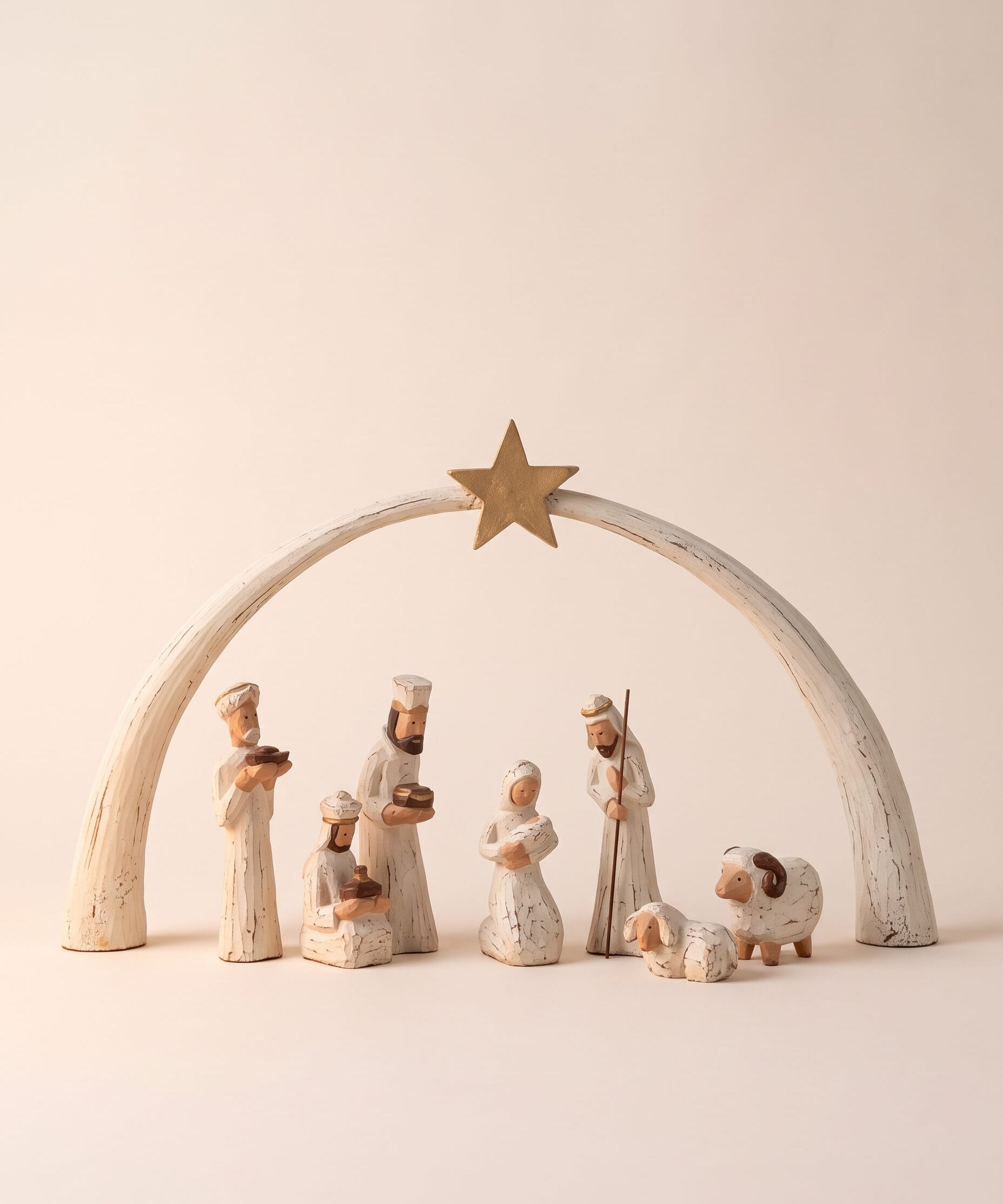 Hand-carved fair trade wooden nativity set with Mary, Joseph, the infant Jesus, shepherds, wise men and animals