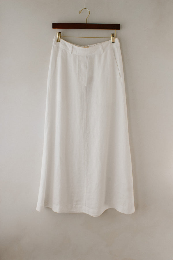 White Twill Linen Belted Skirt