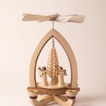 Hand-carved lime wood candle pyramid with trumpeting angels and gold detail, another view