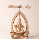 Hand-carved lime wood candle pyramid with trumpeting angels and gold detail, another view