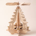 Hand-painted wooden candle pyramid with carol singers around a wood chip curl tree, another view
