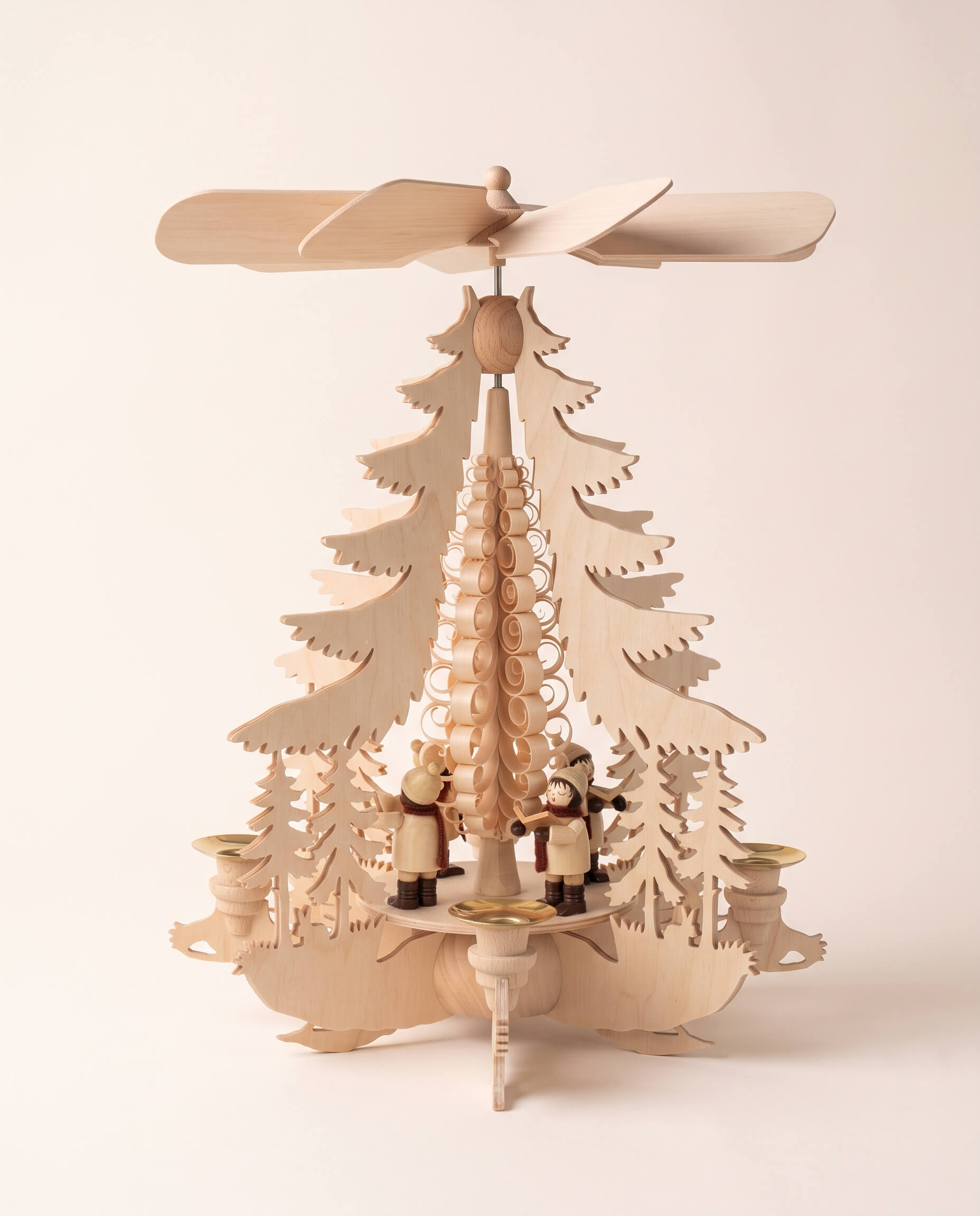 Hand-painted wooden candle pyramid with carol singers around a wood chip curl tree, another view