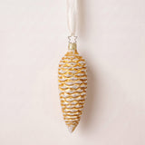 Gold mouth-blown glass pinecone ornament dusted with white glitter, by Inge-Glas of Lauscha, Germany