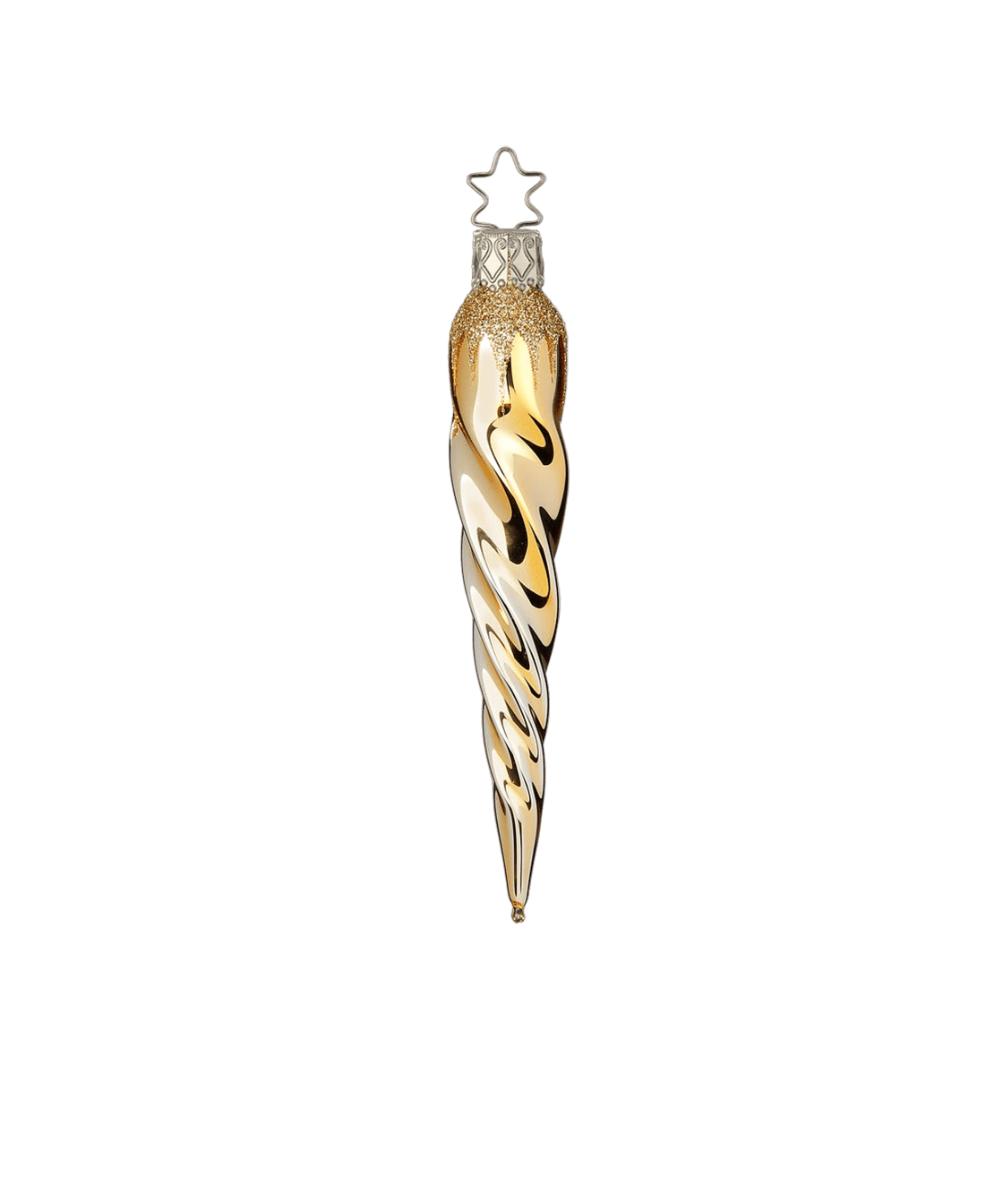 Long gold glitter-dusted glass icicle ornament, another view