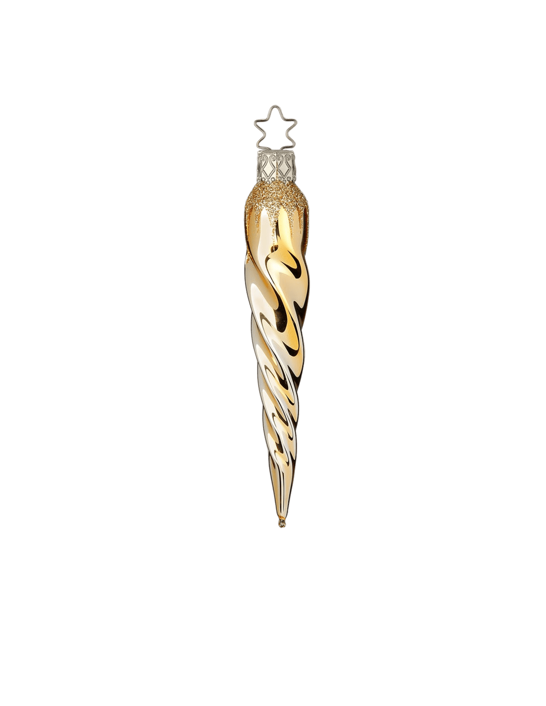 Long gold glitter-dusted glass icicle ornament, another view