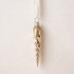 Long gold glitter-dusted glass icicle ornament, mouth-blown by Inge-Glas of Lauscha, Germany