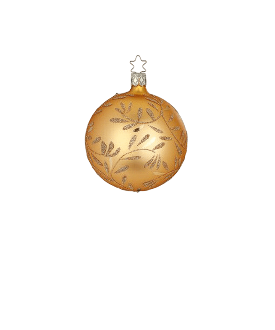 Matte gold mouth-blown glass ball ornament with hand-glittered swirls, another view