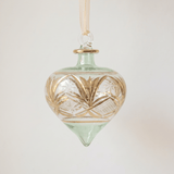 Hand-blown green glass droplet ornament brushed with gold accents, made in Old Cairo, Egypt