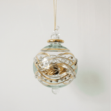 Hand-blown green glass bauble painted with gold garland swags, made in Old Cairo, Egypt