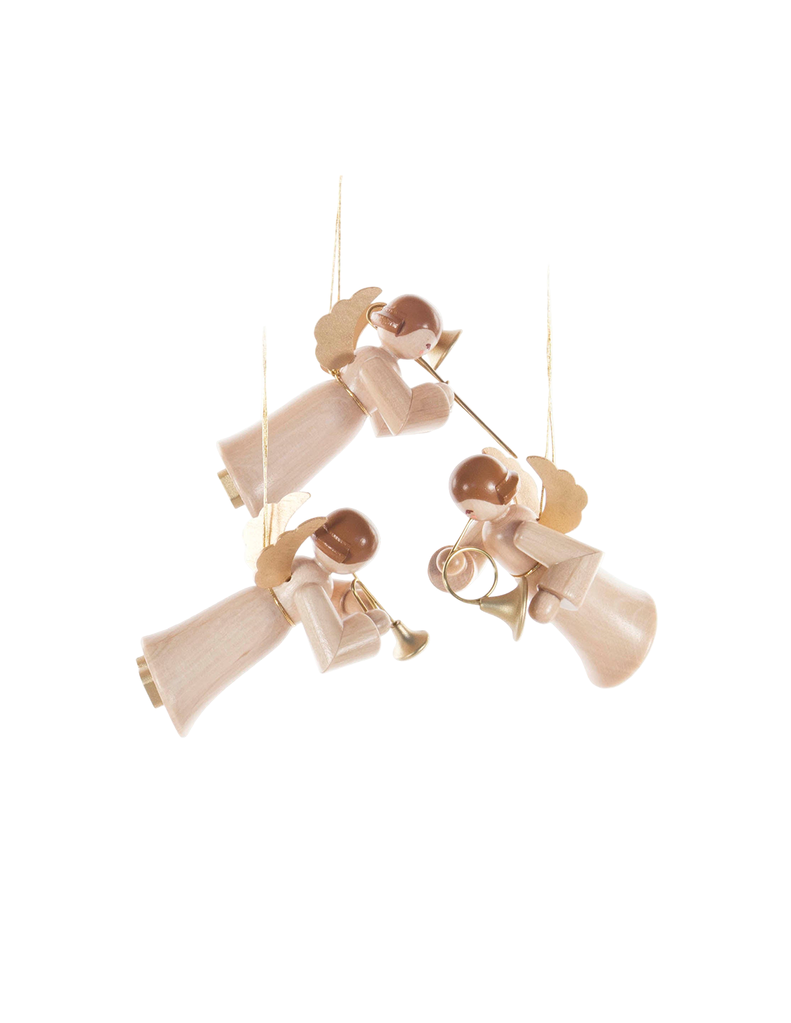 and-carved wooden angel ornament with natural wood finish, Seiffen craftsmanship.