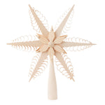 Hand-carved lime wood star tree topper with curled wood chip points, another view