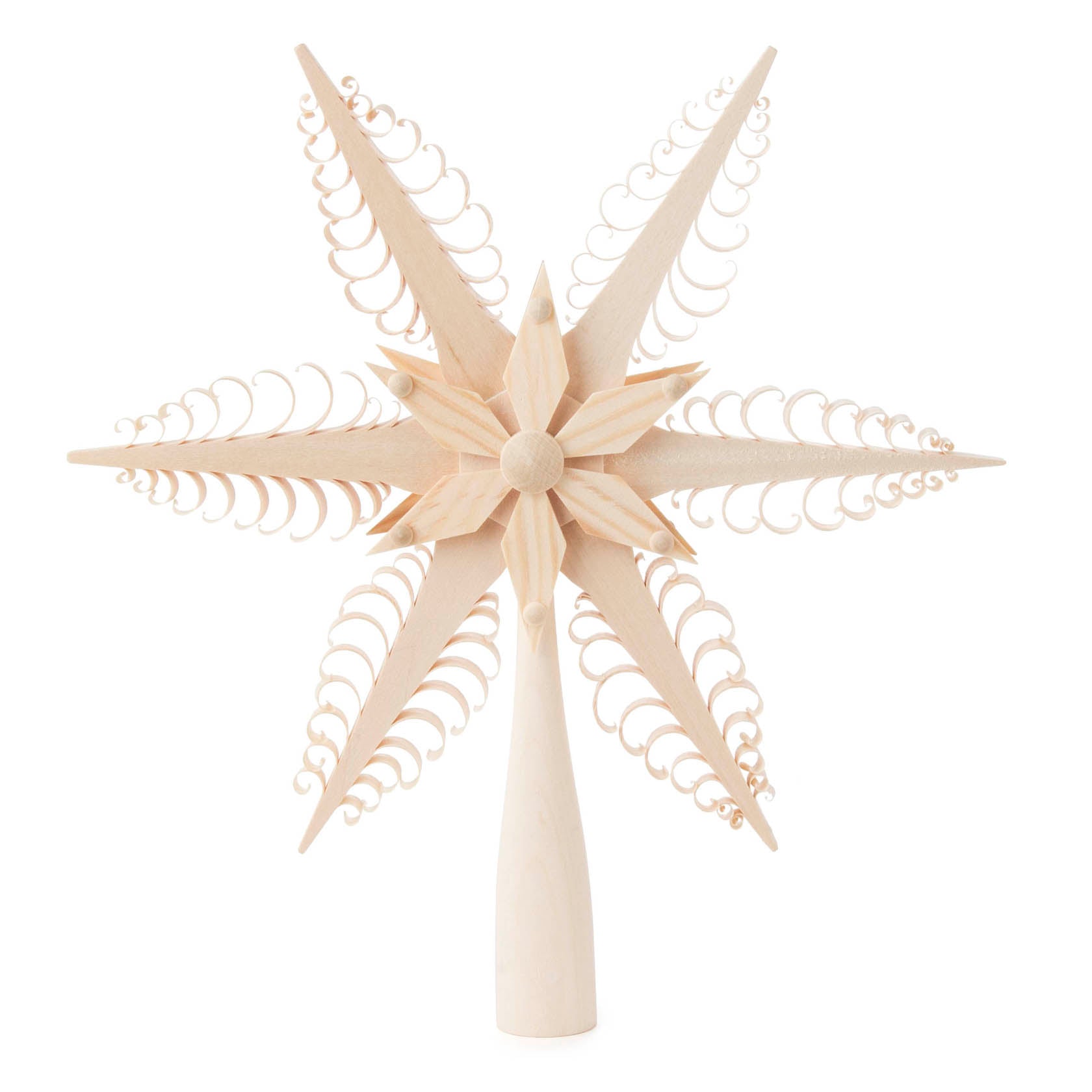 Hand-carved lime wood star tree topper with curled wood chip points, another view