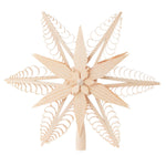Hand-carved lime wood star tree topper with curled wood chip points, another view