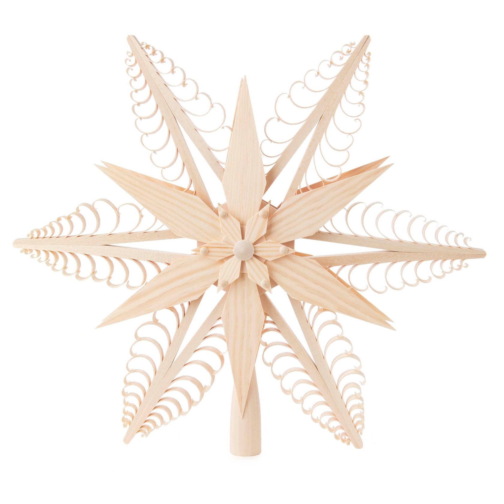 Hand-carved lime wood star tree topper with curled wood chip points, another view