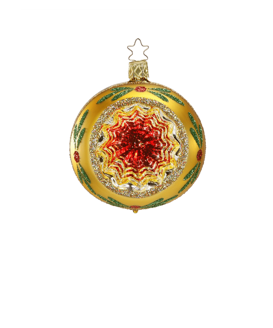 Silvered glass reflector ornament with a red, green and gold painted centre and gold glitter rim, another view