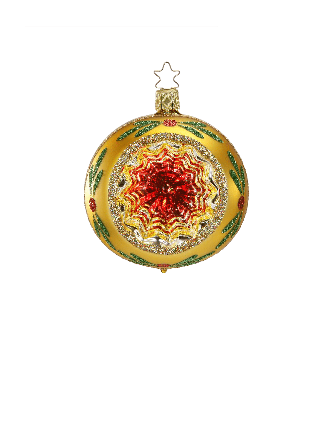 Silvered glass reflector ornament with a red, green and gold painted centre and gold glitter rim, another view