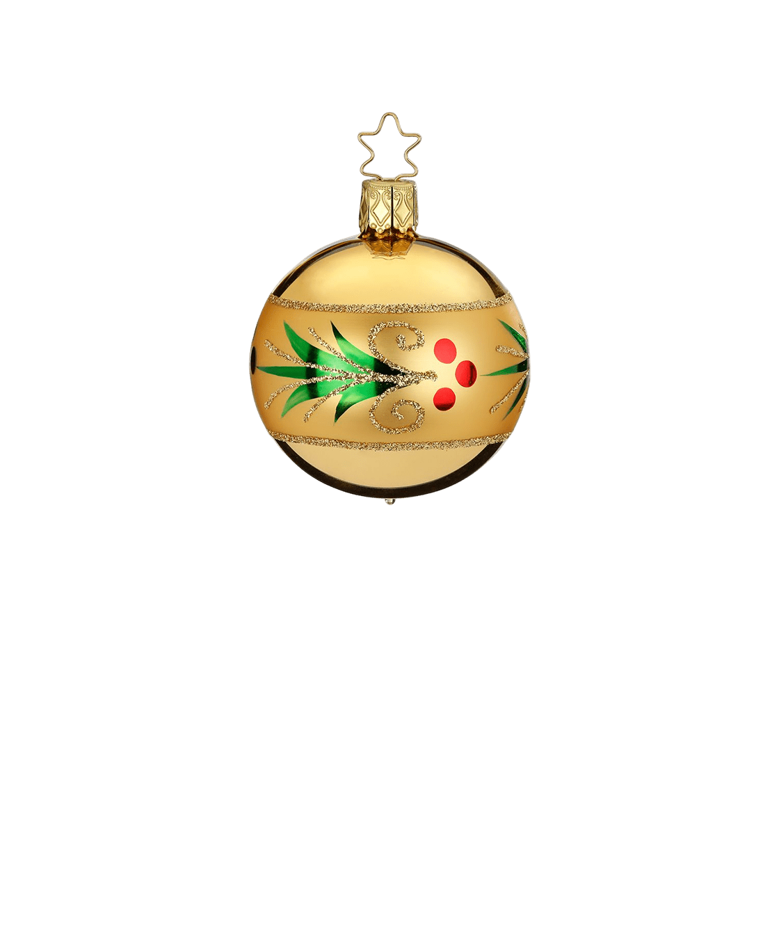 Gold mouth-blown glass ornament with a glittered red and green holly wreath, another view