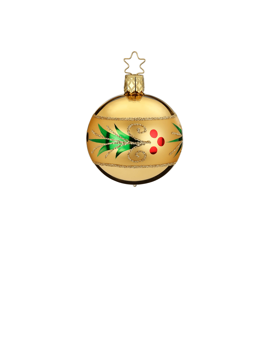 Gold mouth-blown glass ornament with a glittered red and green holly wreath, another view