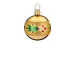 Gold mouth-blown glass ornament with a glittered red and green holly wreath, another view
