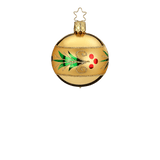 Gold mouth-blown glass ornament with a glittered red and green holly wreath, another view