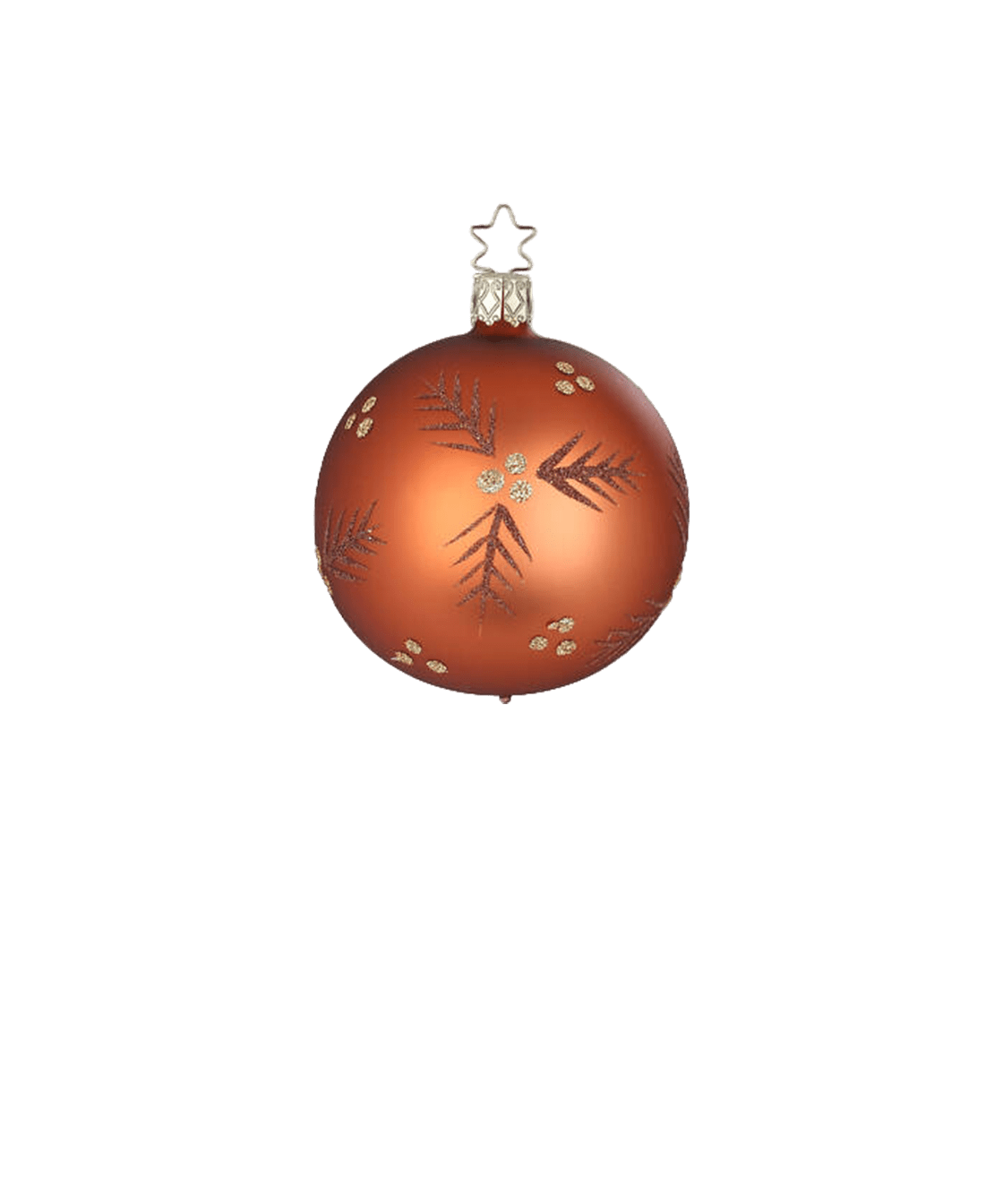 Soft copper matte mouth-blown glass ornament with glittered swirls, another view