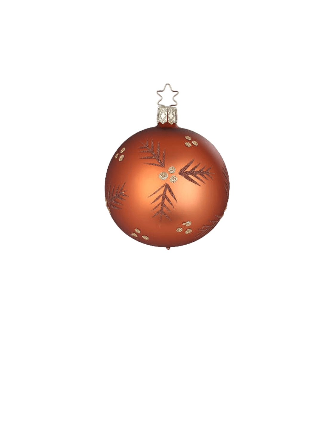 Soft copper matte mouth-blown glass ornament with glittered swirls, another view