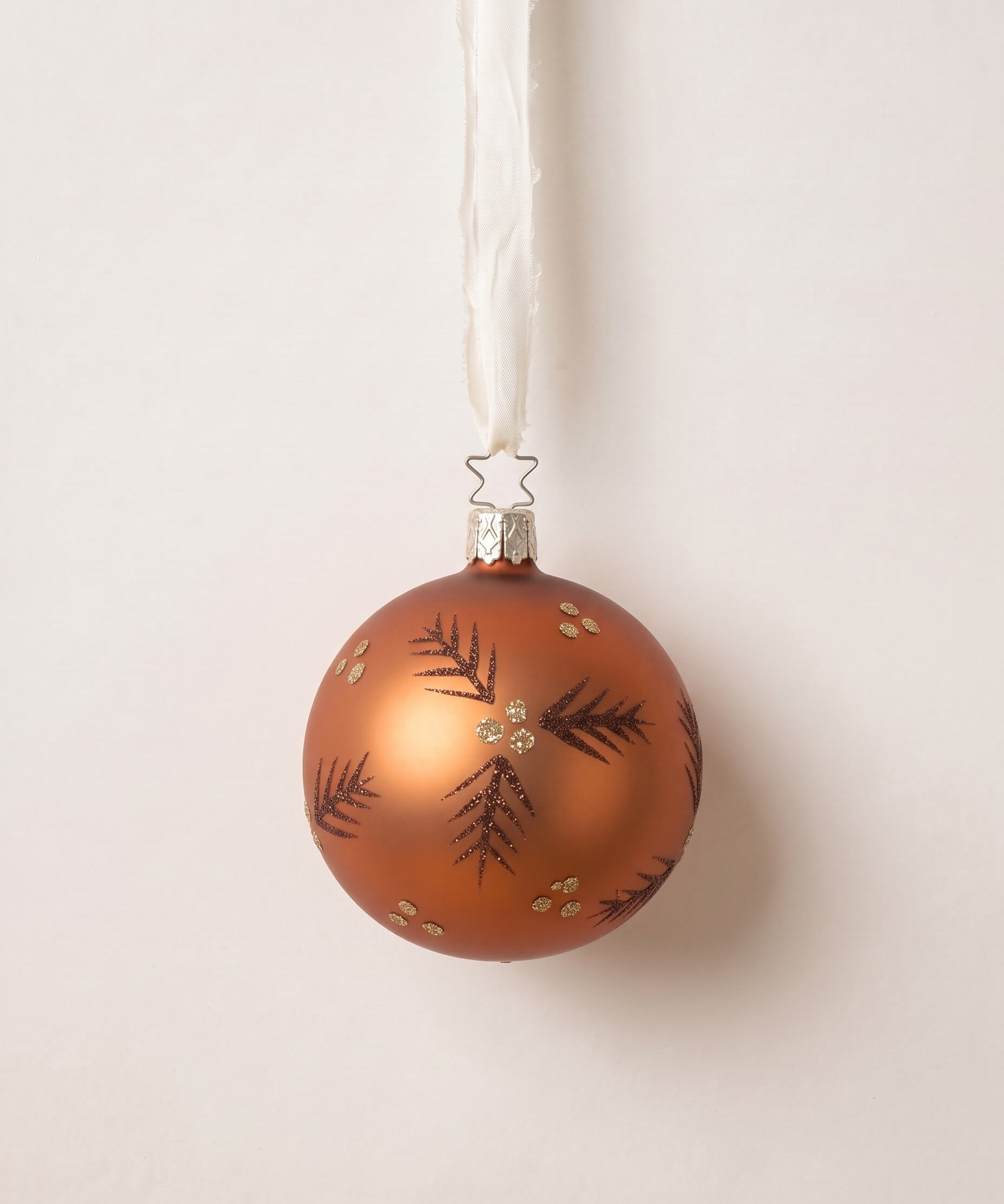 Soft copper matte mouth-blown glass ornament with glittered swirls, by Inge-Glas of Lauscha, Germany