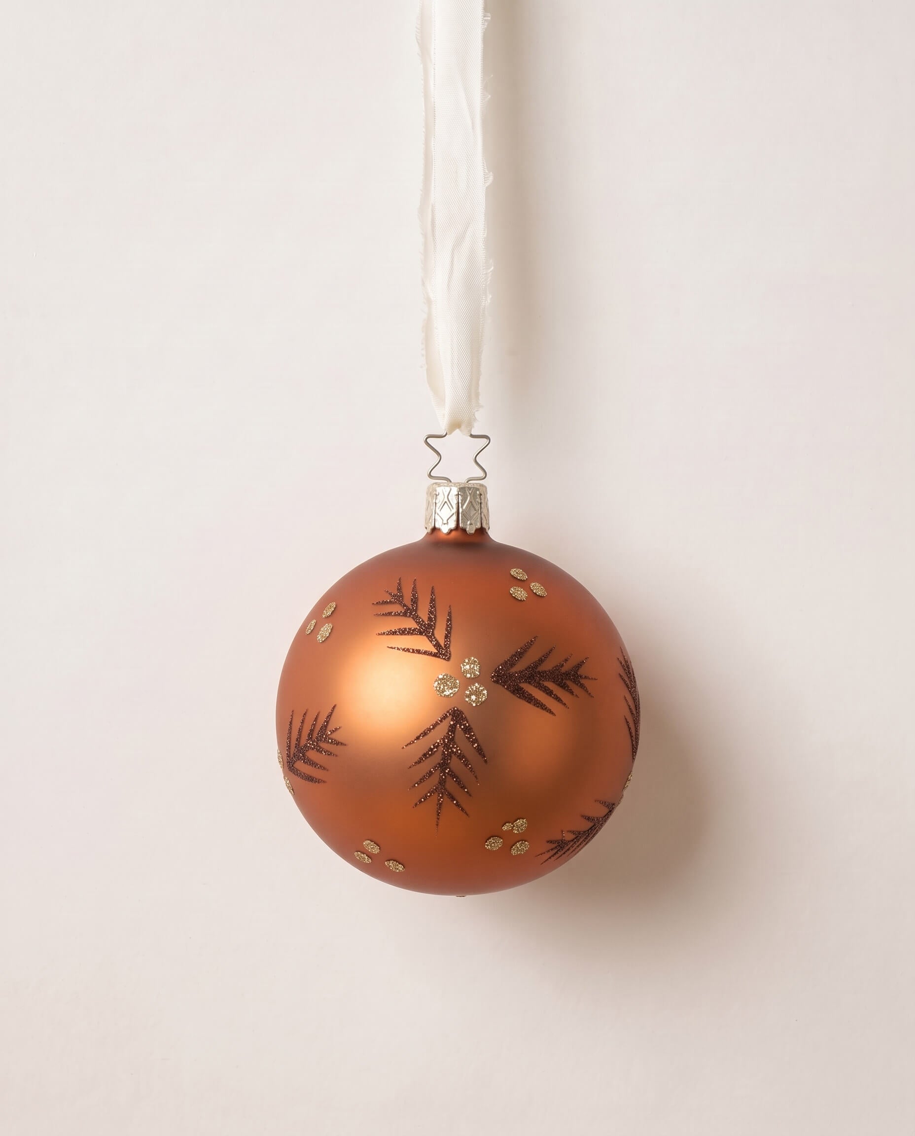 Soft copper matte mouth-blown glass ornament with glittered swirls, by Inge-Glas of Lauscha, Germany