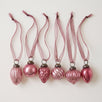Set of six mauve crackle glass Christmas baubles with bronze caps and ribbon hangers, made in India