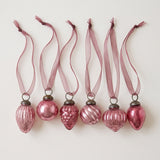 Set of six mauve crackle glass Christmas baubles with bronze caps and ribbon hangers, made in India