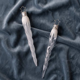 Slender mouth-blown glass mini icicle ornaments with glitter tops, by Inge-Glas of Lauscha, Germany