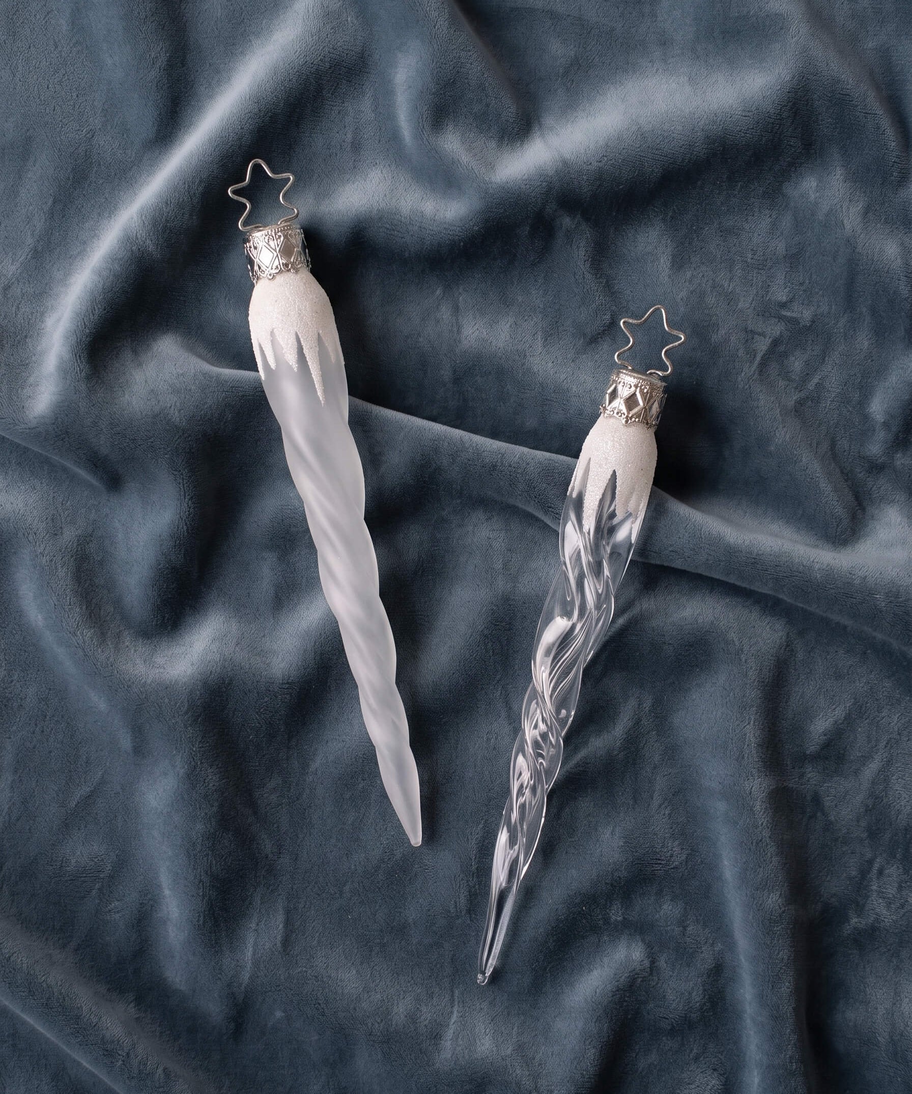 Slender mouth-blown glass mini icicle ornaments with glitter tops, by Inge-Glas of Lauscha, Germany