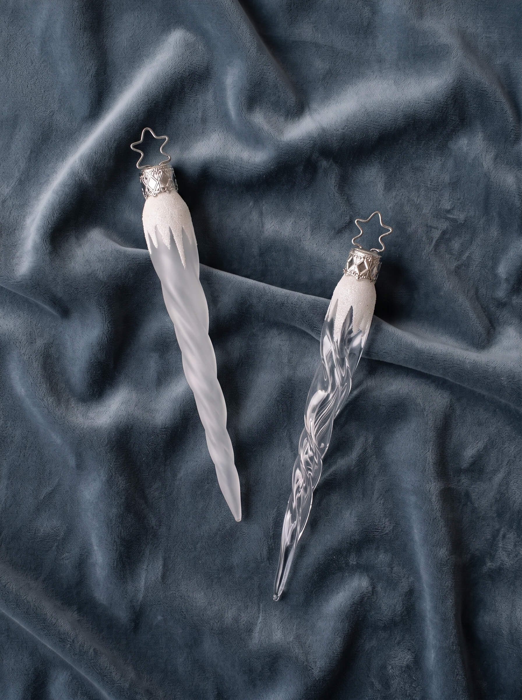 Slender mouth-blown glass mini icicle ornaments with glitter tops, by Inge-Glas of Lauscha, Germany