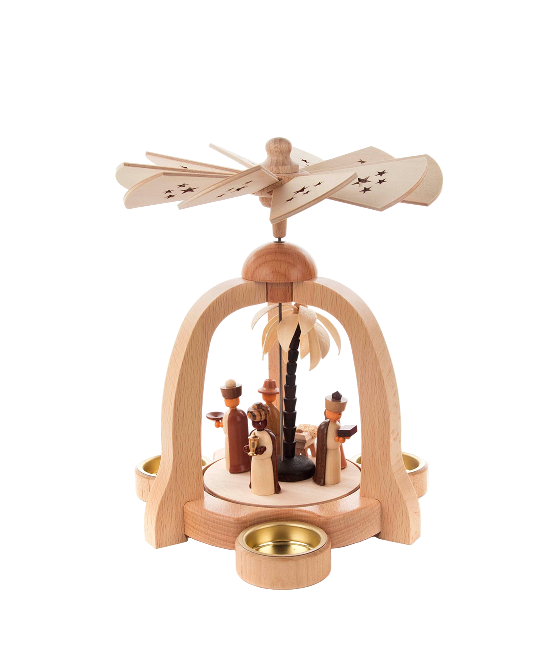 Hand-carved wooden candle pyramid with nativity scene, made in Seiffen, Germany.