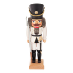 Hand-carved wooden nutcracker soldier in classic German uniform, Seiffen craftsmanship.