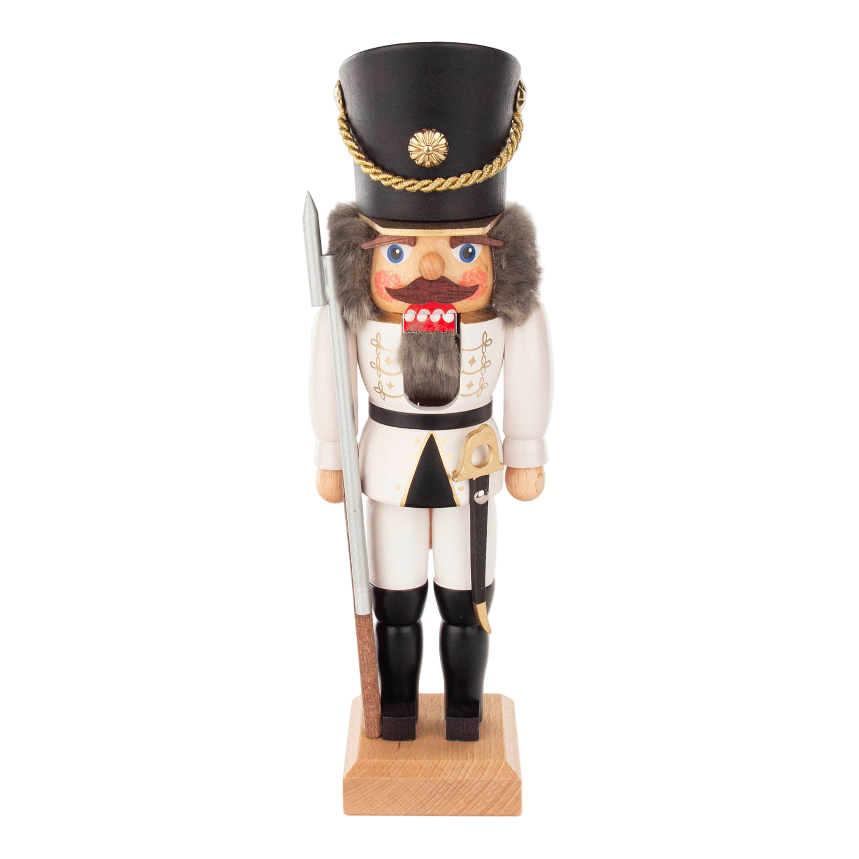 Hand-carved wooden nutcracker soldier in classic German uniform, Seiffen craftsmanship.