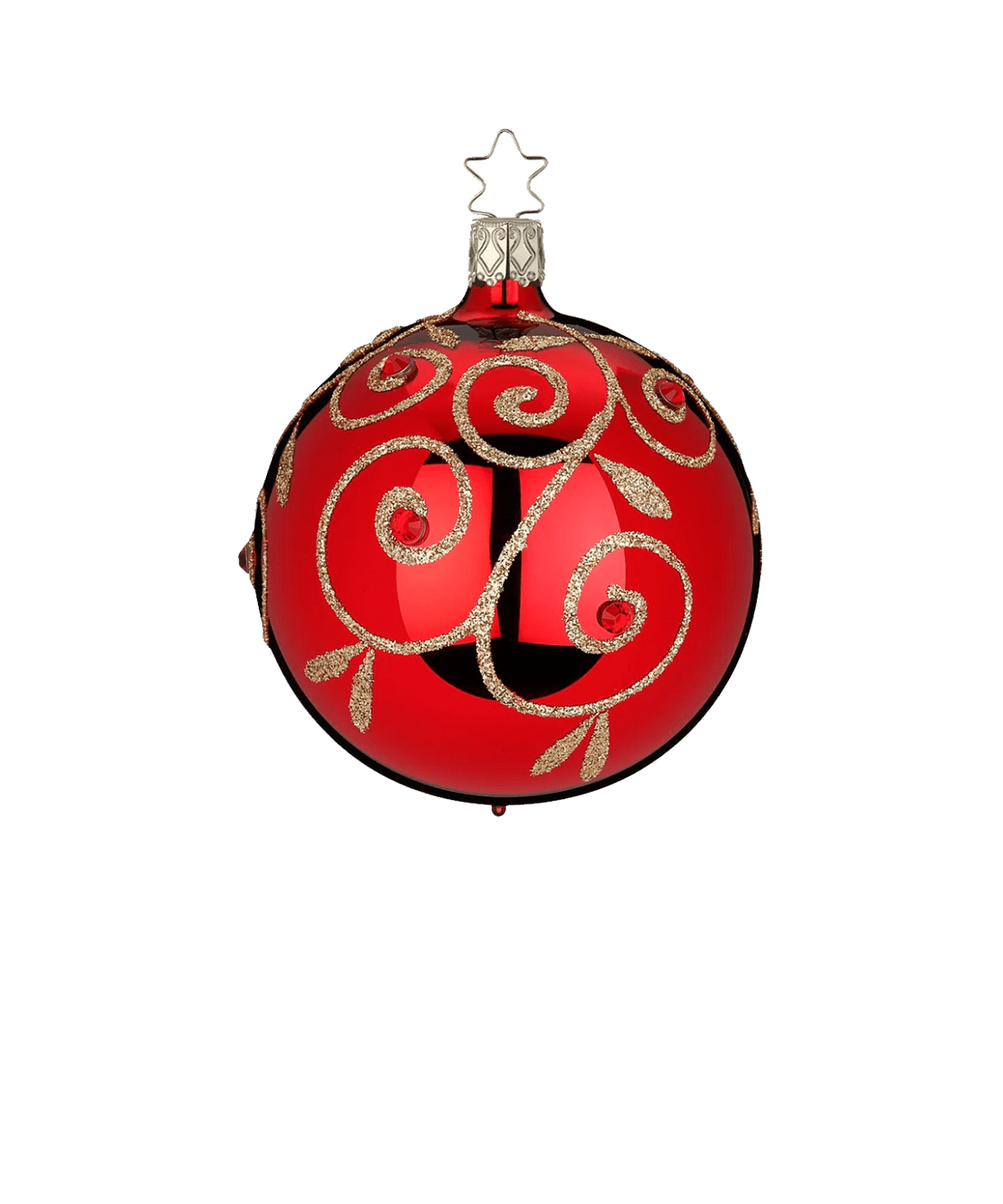 Deep crimson mouth-blown glass ornament with glitter swirls and Czech crystals, another view