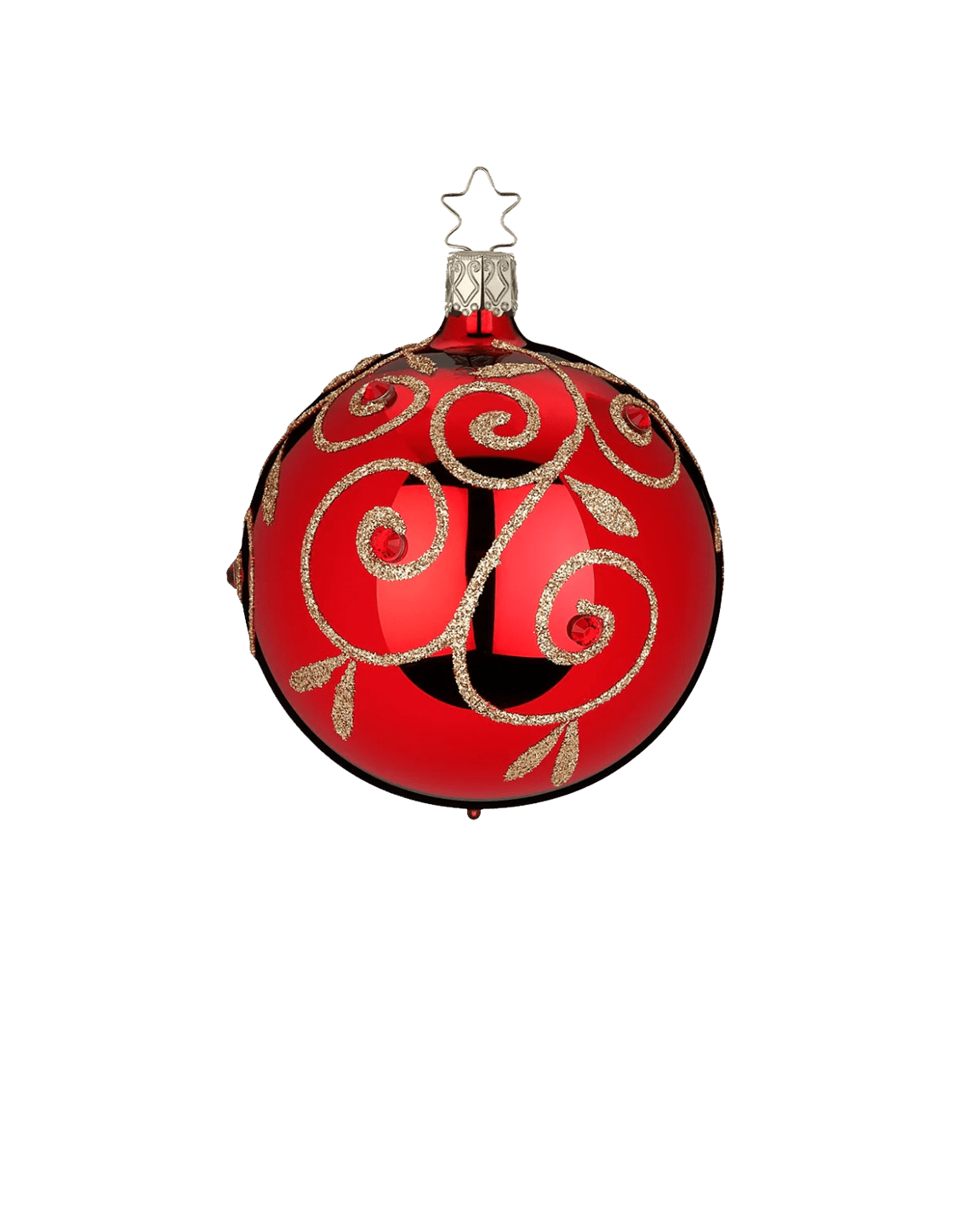 Deep crimson mouth-blown glass ornament with glitter swirls and Czech crystals, another view
