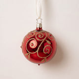 Deep crimson mouth-blown glass ornament with glitter swirls and Czech crystals, by Inge-Glas of Lauscha, Germany