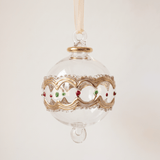 Hand-blown clear glass bauble painted red and green with gold scallops, made in Old Cairo, Egypt