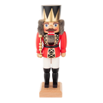 Hand-carved red wooden nutcracker king with gold crown, made in Seiffen, Germany.