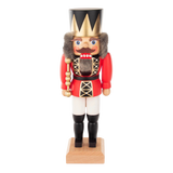 Hand-carved red wooden nutcracker king with gold crown, made in Seiffen, Germany.