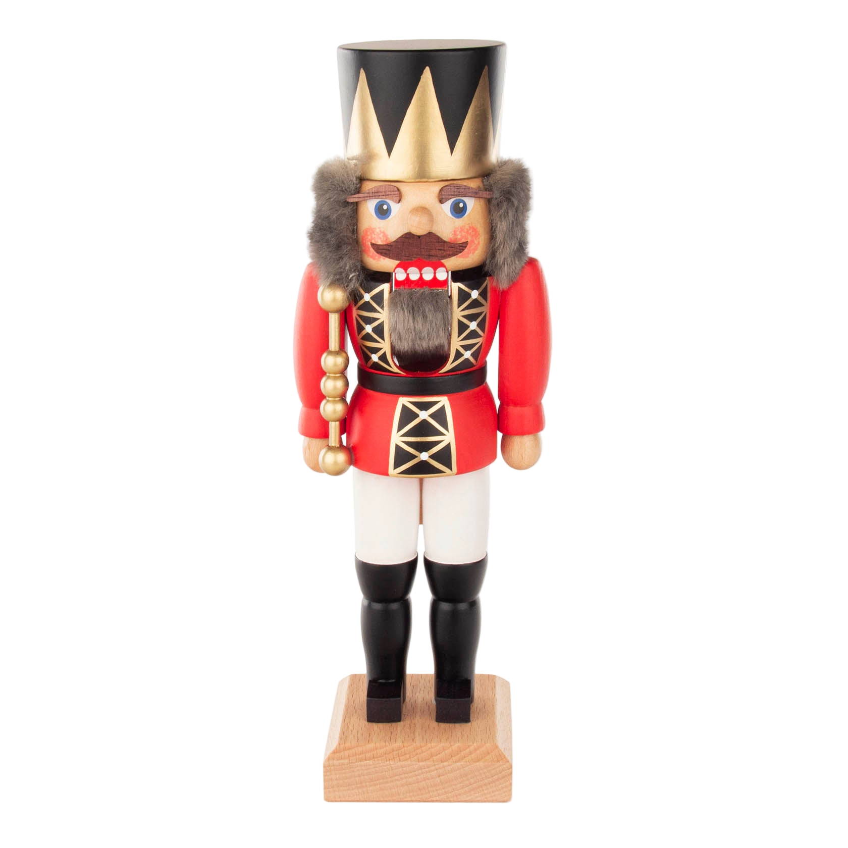 Hand-carved red wooden nutcracker king with gold crown, made in Seiffen, Germany.