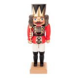 Red and gold hand-painted wooden nutcracker king with a crown, another view