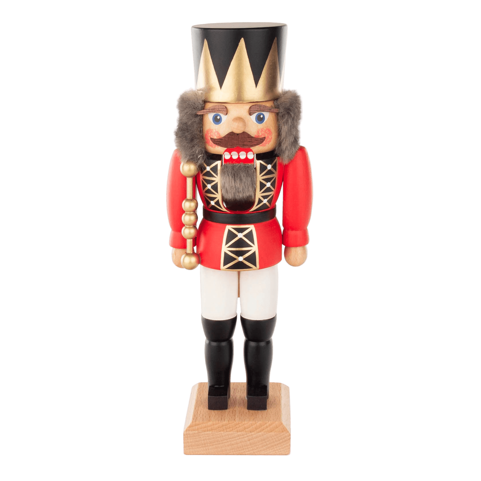 Red and gold hand-painted wooden nutcracker king with a crown, another view