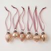 Set of six rose crackle glass Christmas baubles with bronze caps and ribbon hangers, made in India