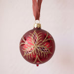Red mouth-blown German glass bauble with glittered matte and shiny panels, another view