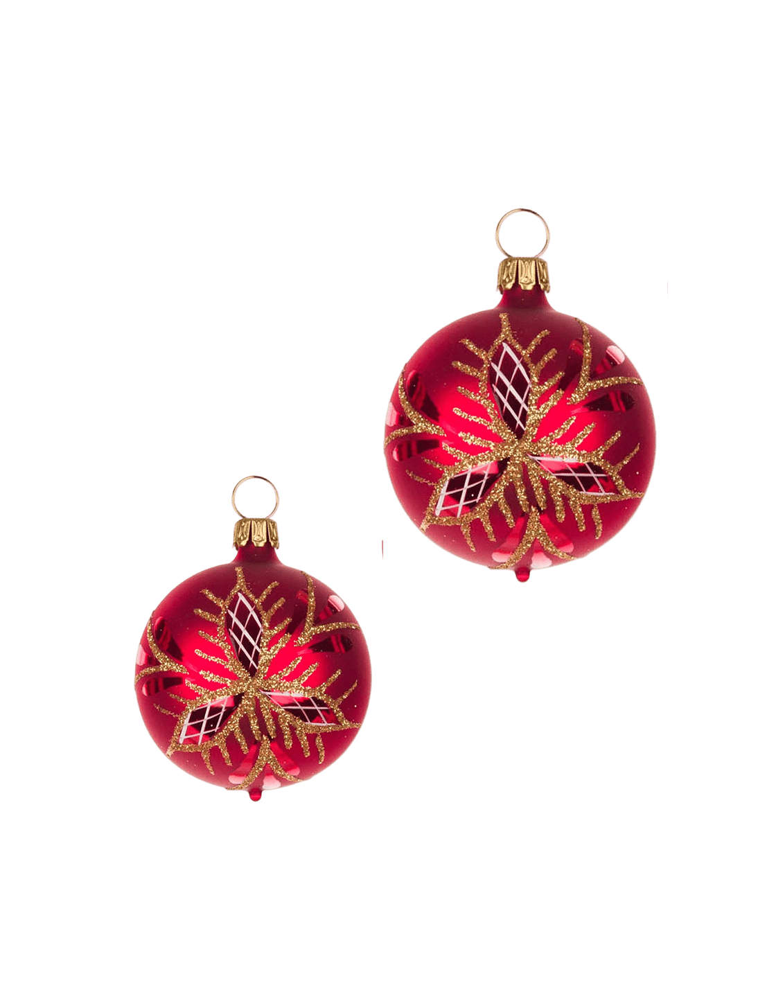Red mouth-blown German glass bauble with glittered matte and shiny panels, another view